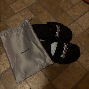Balenciaga Black Textured Slippers with Logo